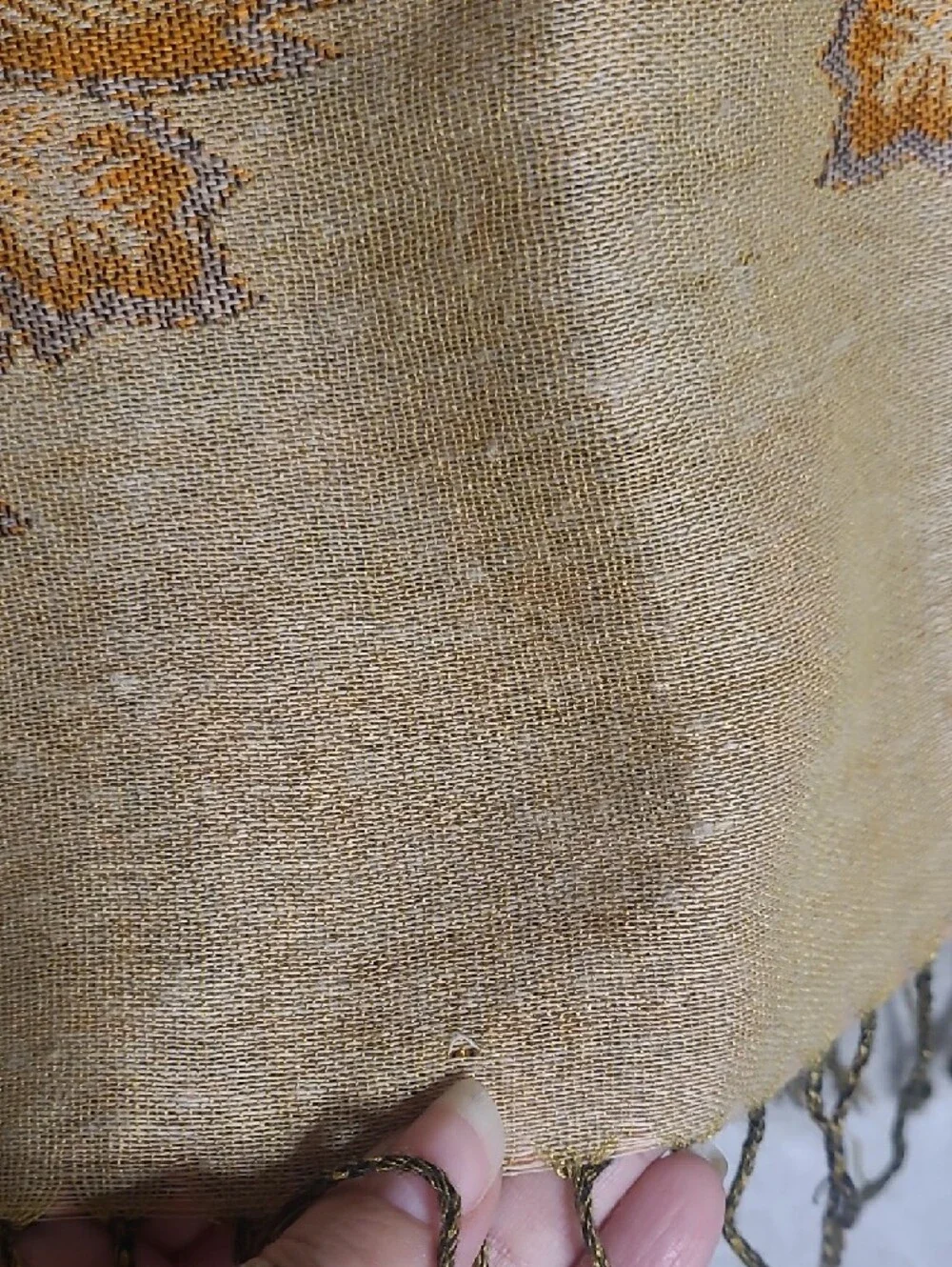 Reversible Ochre Floral Woven Shawl Scarf Fringe Wrap